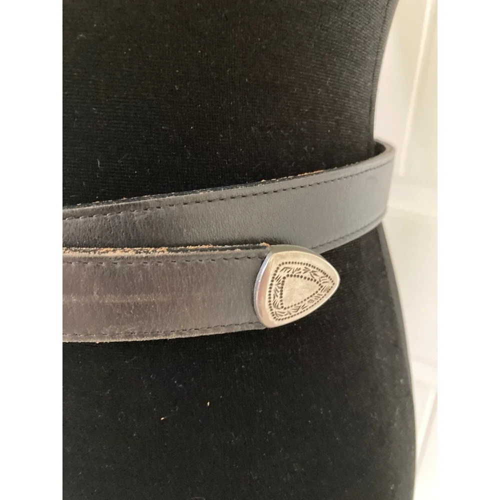 Vintage Black Leather Western Belt Silver Engraved Buckle Tip Made‎ in USA Small